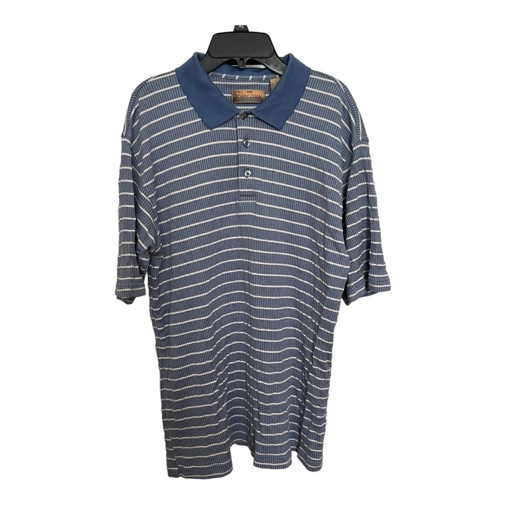 Bobby Chan Mens Shirt Short Sleeve Golf Polo Silk Cotton Blue‎ White Striped L